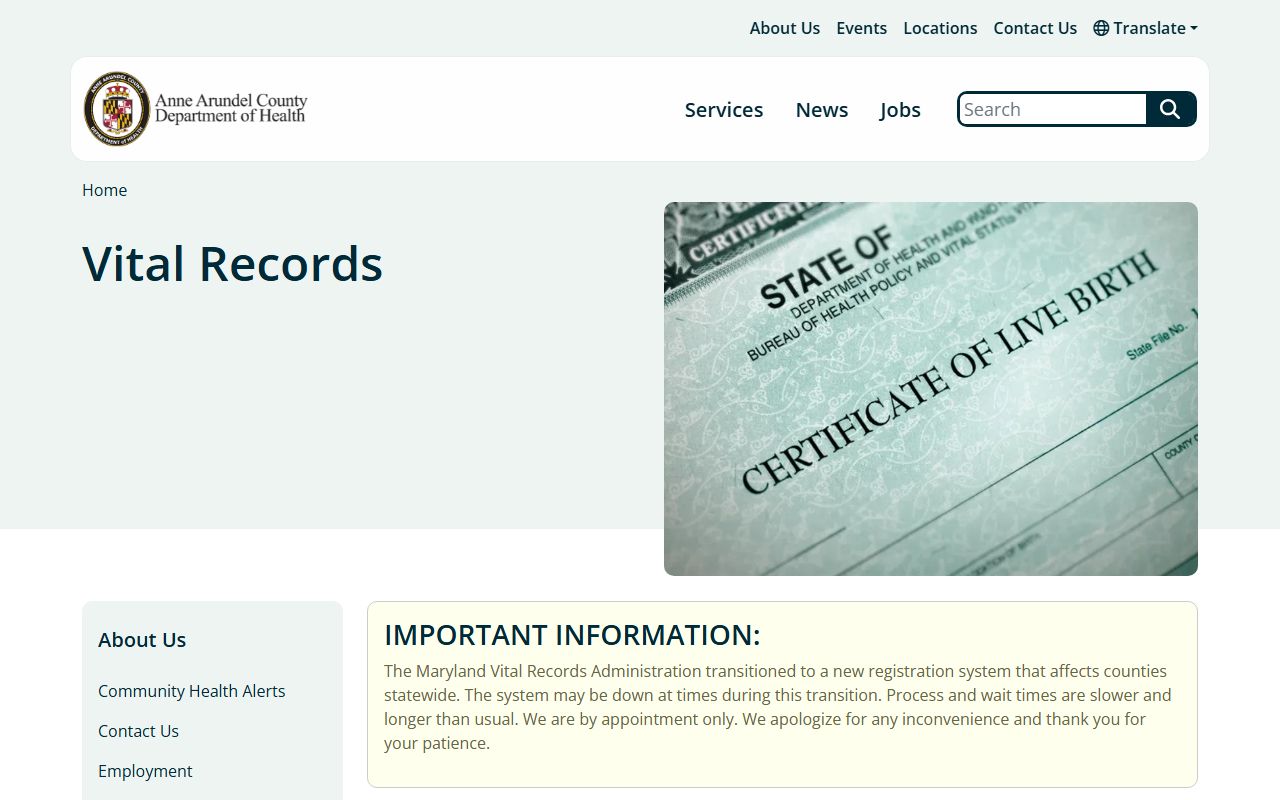 Anne Arundel County Health Department vital records page for death certificates