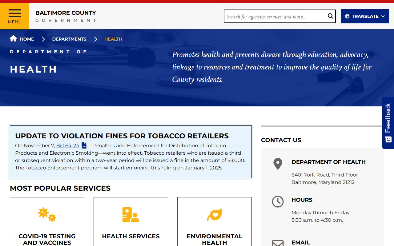 Baltimore County Department of Health website for death records