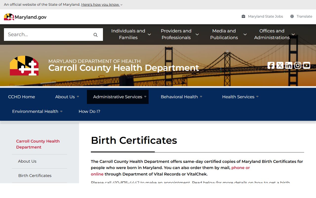 Carroll County Health Department vital records page