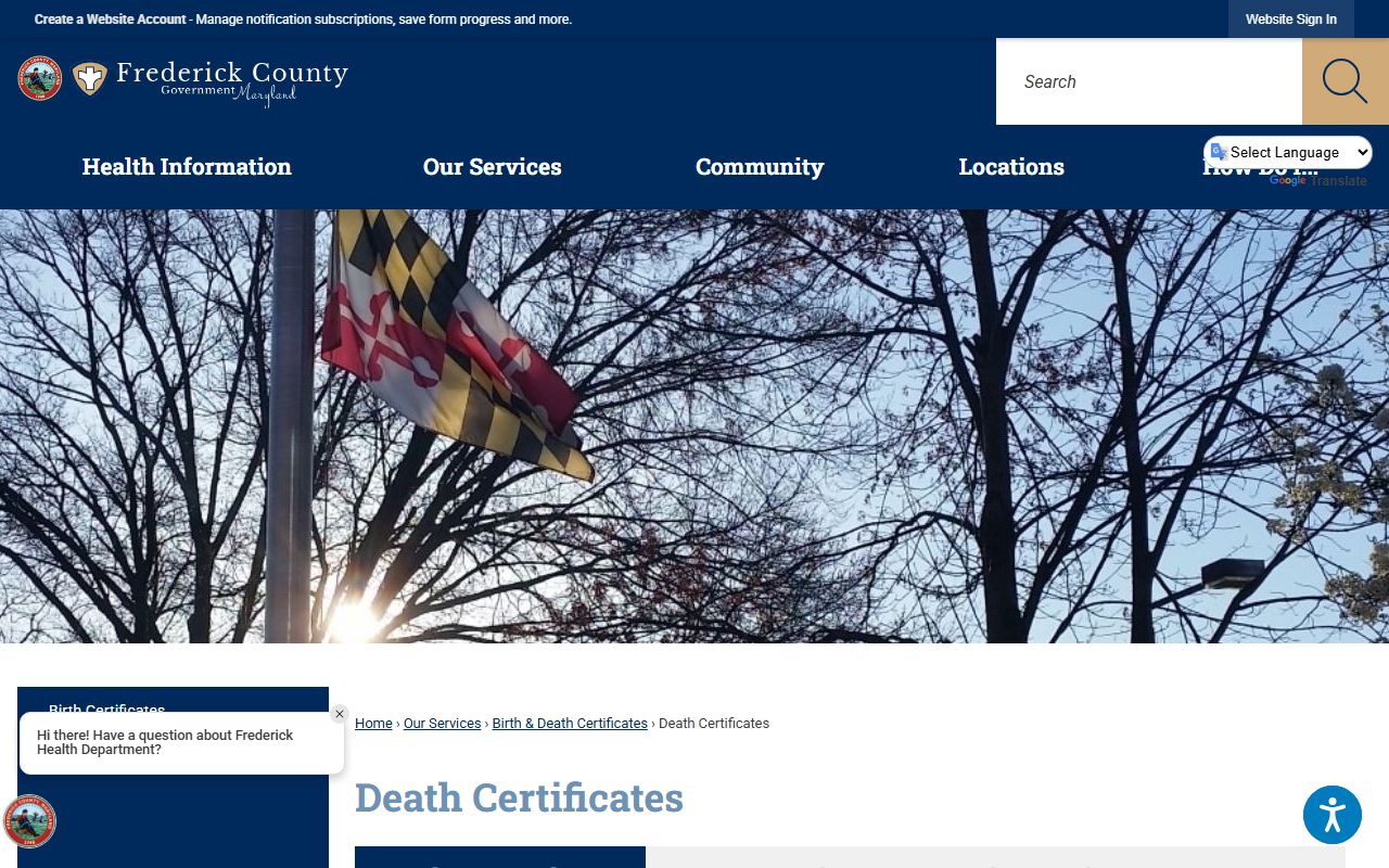 Frederick County Health Department death certificates page