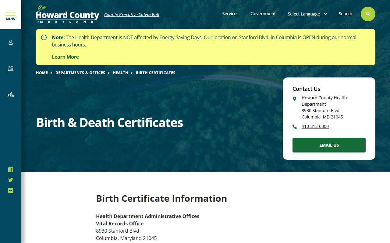 Howard County Health Department birth and death certificates page