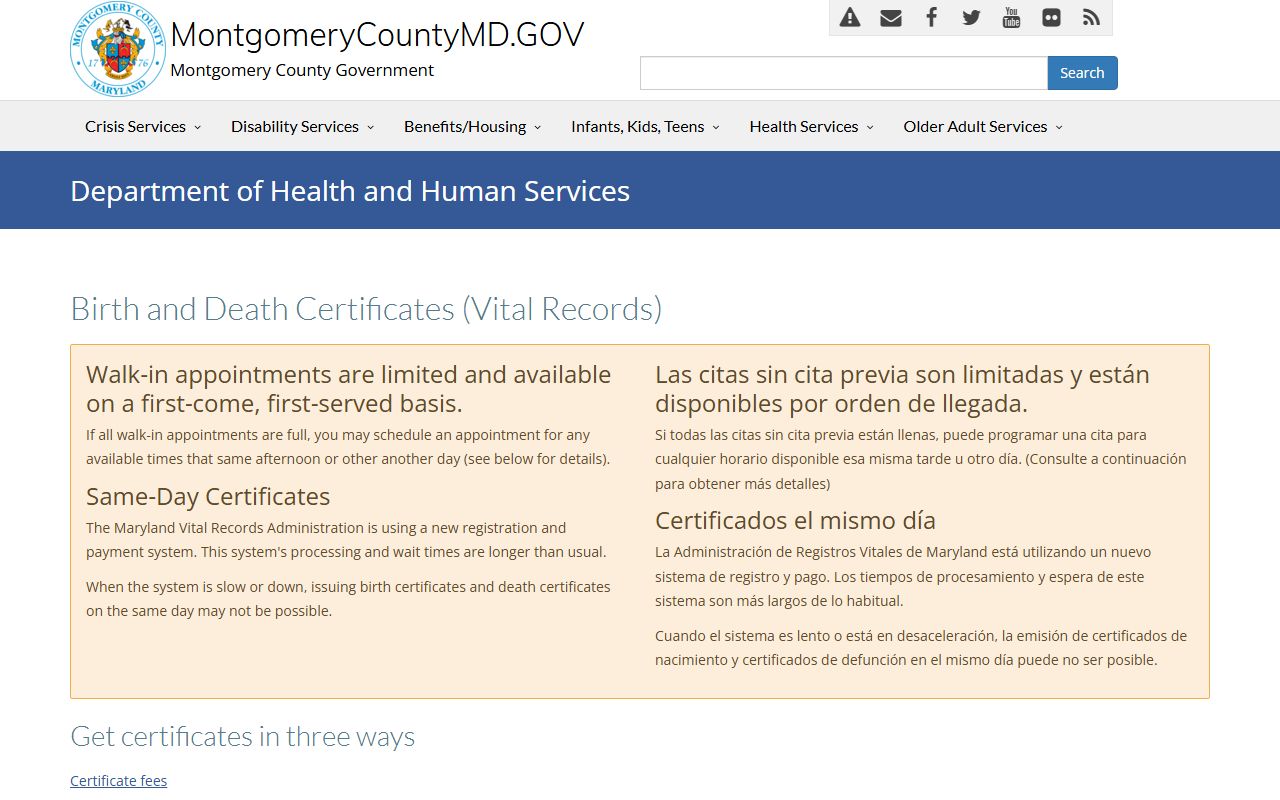 Montgomery County Health Department vital records page serving Gaithersburg