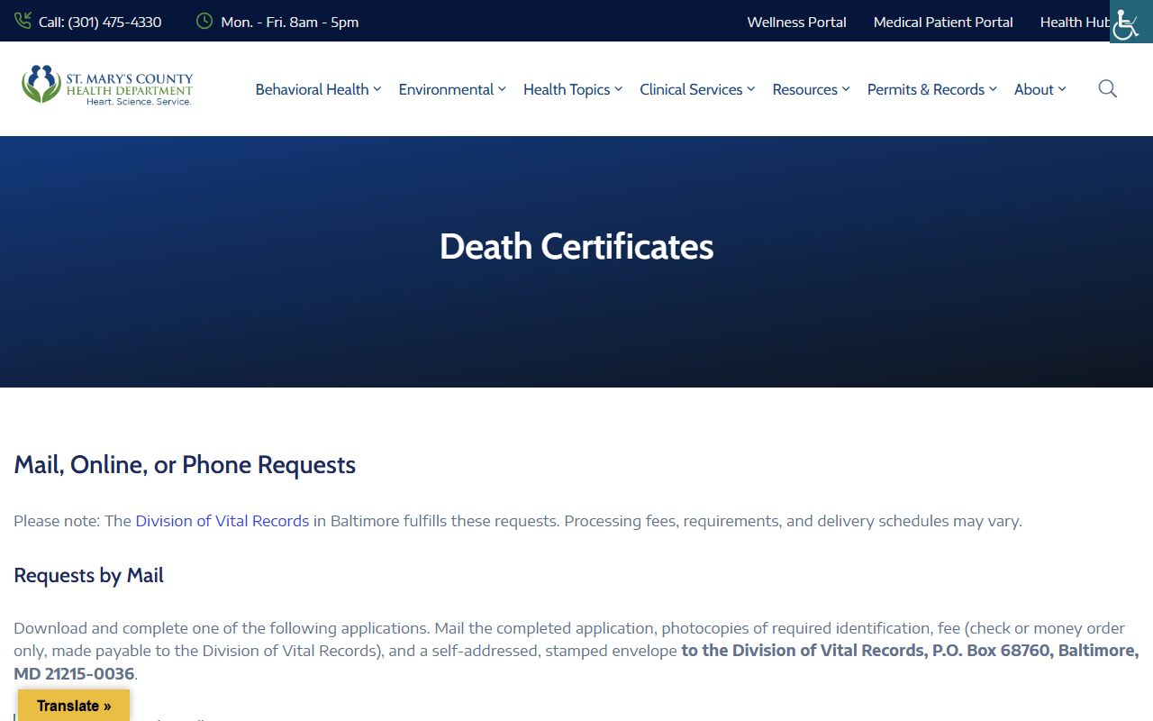 St. Mary's County Health Department death certificates page