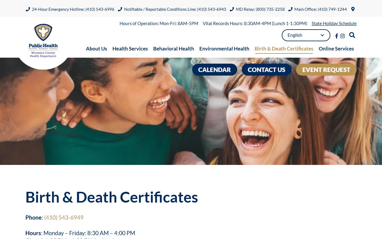 Wicomico County Health Department birth and death certificates page